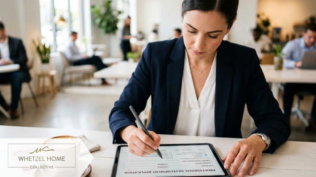 A close-up shot of a professional individual filling out a digital application form on a sleek tablet. A cup of artisan coffee sits nearby on a clean white desk, bright and airy office setting, focused lighting, shallow depth of field, photorealistic.