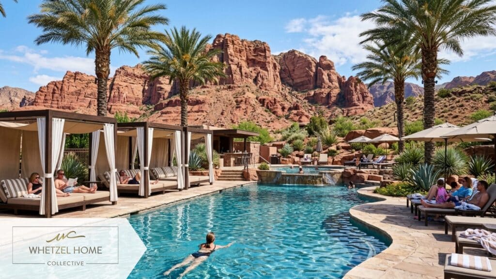 A beautifully designed resort-style swimming pool at a desert community, featuring elegant cabanas, palm trees, clear blue water contrasting with massive red sandstone mountains in the background, bright midday sun, ultra-realistic.