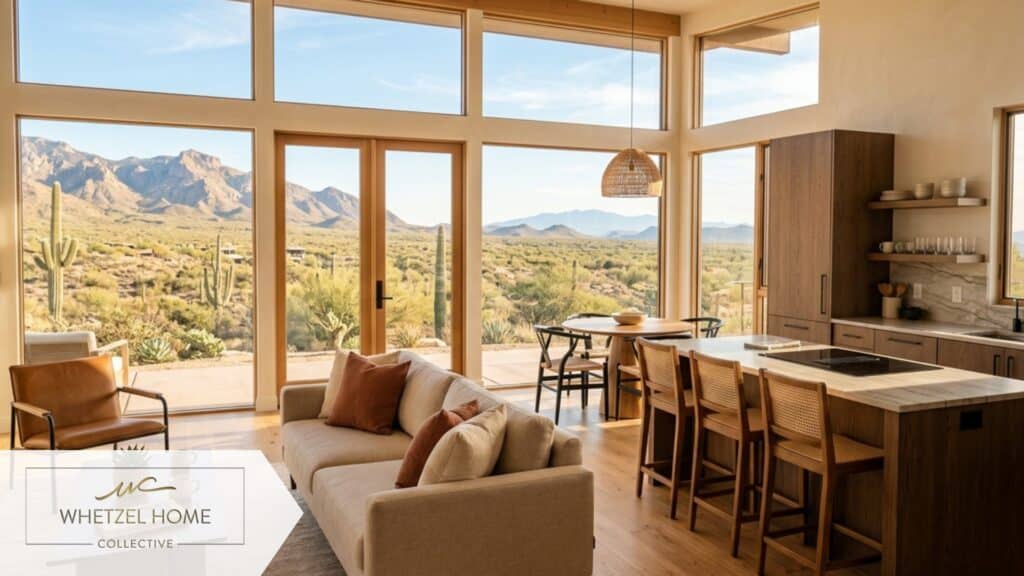 A clean, modern open-concept living room and kitchen in a high-end vacation rental, minimalist furniture, large floor-to-ceiling windows showcasing a vast desert landscape, natural light pouring in, inviting and warm atmosphere, interior design photography.