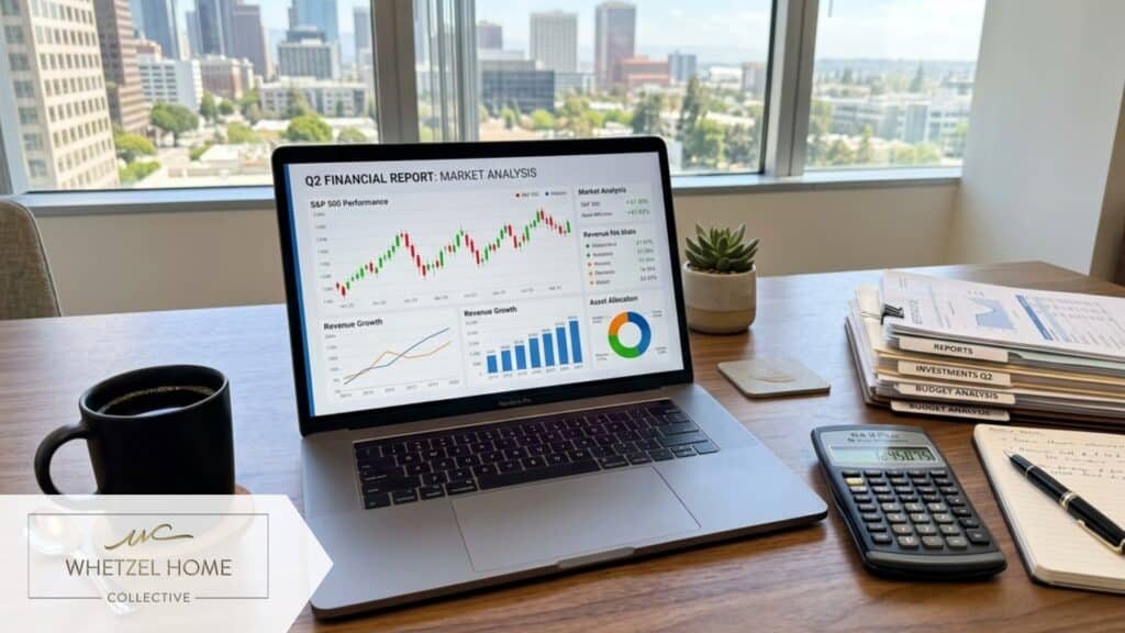 A professional and organized desk setting featuring a modern laptop displaying financial charts and graphs, a cup of black coffee, a calculator, and neatly stacked paperwork, sunny window view in the background, photorealistic style, sharp focus.