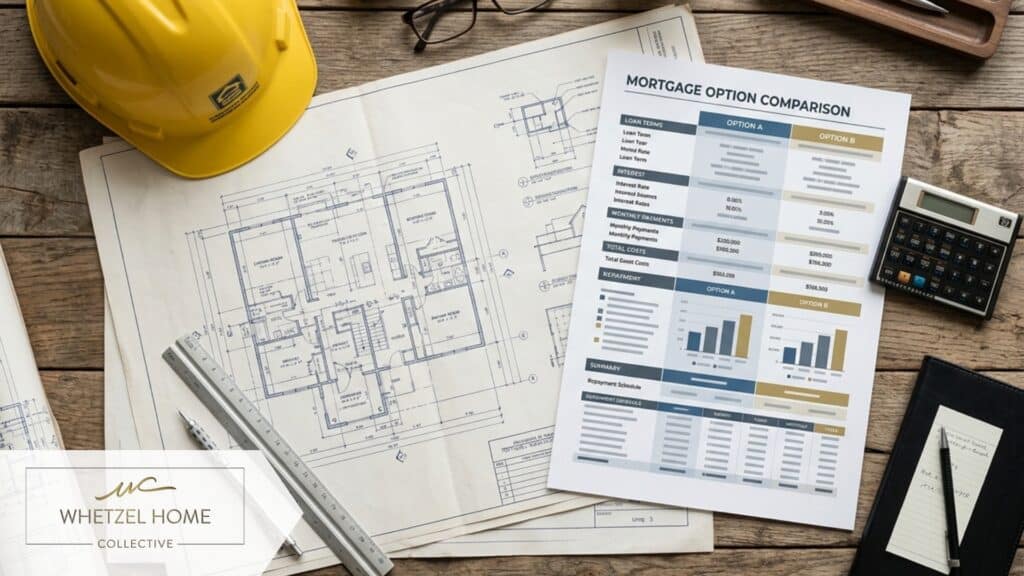 A flat lay composition on a rustic wooden desk featuring architectural blueprints, a hard hat, a calculator, and a beautifully designed, clean financial comparison chart between two mortgage options. Soft overhead studio lighting, corporate professional style, crisp focus on the documents and tools without legible text.