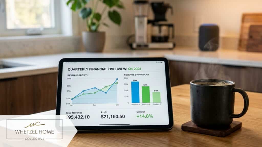 Close-up of a modern tablet displaying a financial dashboard with charts and revenue graphs, resting on a sleek wooden kitchen counter next to a steaming cup of coffee, modern smart home setting, soft natural morning lighting, photorealistic.