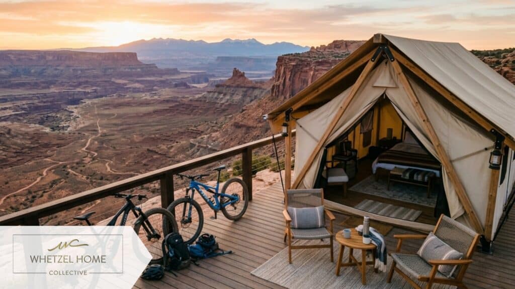 A high-end glamping tent with a wooden deck and modern patio furniture overlooking a vast desert mesa, mountain bikes leaning against the railing, sunrise lighting with soft shadows, photorealistic, lifestyle adventure photography.
