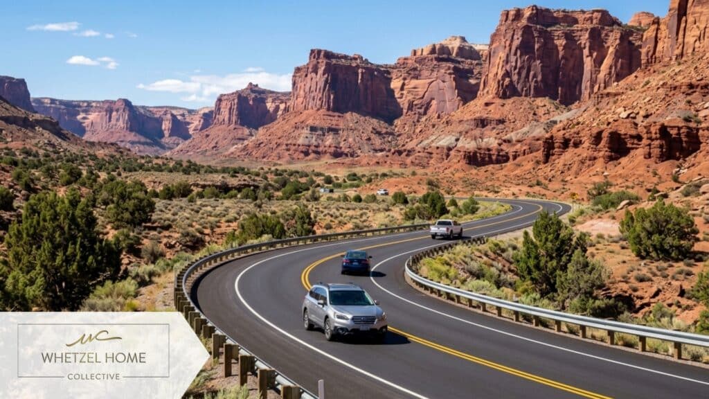 A high-quality landscape photograph of a well-paved, gently curving two-lane highway in Southern Utah. There is light, fluid traffic with a few cars heading toward majestic, deep red canyons in the distance. Clear blue sky, bright mid-day sunlight, professional architectural/landscape photography style.