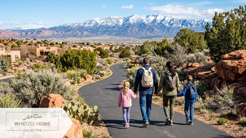 A family walking away from the camera along a scenic paved neighborhood trail bordered by native desert landscaping and red sandstone boulders, with distant snow-capped mountain peaks. Bright sunny morning lighting, lifestyle photography, vibrant colors, photorealistic style.