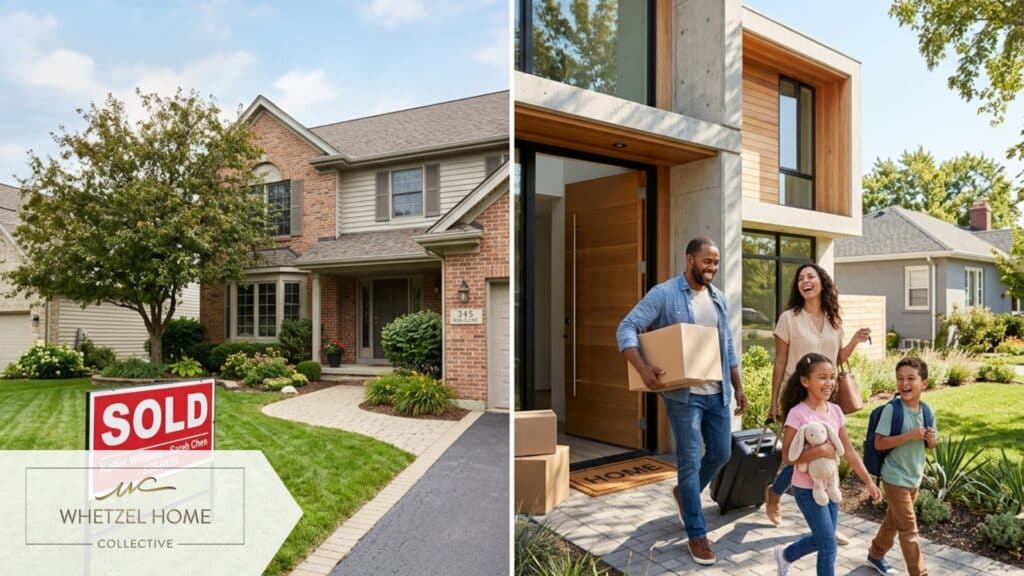 A split-screen style photorealistic image showing a real estate 'Sold' sign in front of a suburban house on the left, and a happy family walking into a new modern home on the right, bright sunny day, conveying transition, progress, and success, warm colors