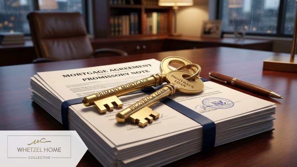 A conceptual photorealistic illustration of a piggyback loan structure. Two interlocking golden keys resting on a stack of neatly bound mortgage documents. Soft cinematic lighting, professional office background out of focus, conveying security and strategic financing.