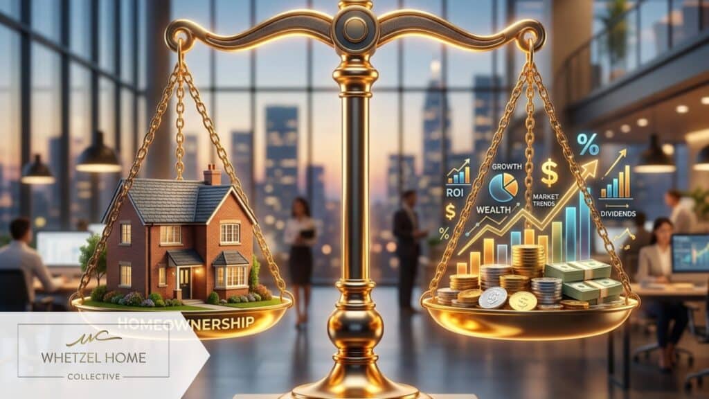 A visually striking, modern 3D infographic rendering showing a set of golden scales balancing a traditional house on one side and a stack of coins and investment charts on the other. The background is a soft, blurred corporate office setting. Cinematic lighting, sleek metallic textures, professional business mood.