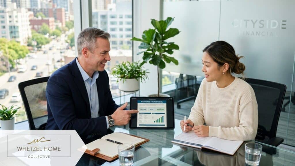 A professional real estate consultation scene, a financial advisor in business casual attire and a young homebuyer sitting at a modern glass conference table reviewing mortgage pre-approval documents on a sleek tablet device, brightly lit modern office setting, photorealistic, professional business tone.