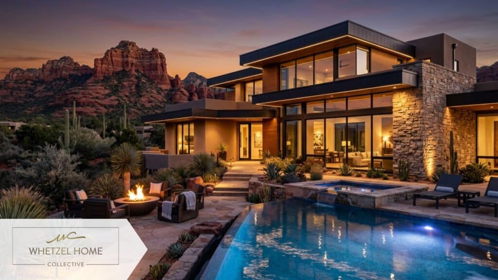 A stunning modern desert contemporary home exterior in a Southwestern landscape, featuring a sparkling private pool, dramatic red rock mountains in the background at twilight. Subtle exterior lighting illuminating the architectural lines, photorealistic, cinematic lighting, 8k resolution.