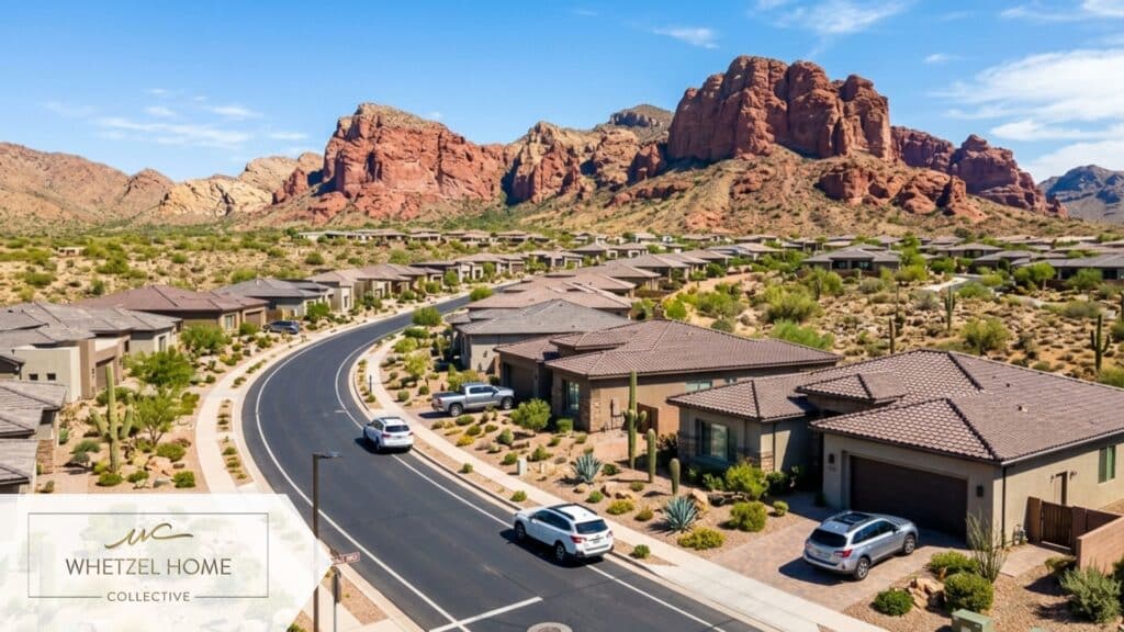 A wide, scenic view of a newly developed residential neighborhood in the desert Southwest with red sandstone mountains in the distance, neatly paved streets, contemporary stucco homes with tile roofs, bright midday sun, vibrant contrast, highly detailed, photorealistic.