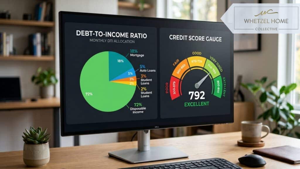A detailed view of a computer monitor displaying a pie chart of debt-to-income ratios alongside a credit score gauge graphic, minimalist office desk setting, soft background blur, professional lighting, photorealistic, 8k resolution.