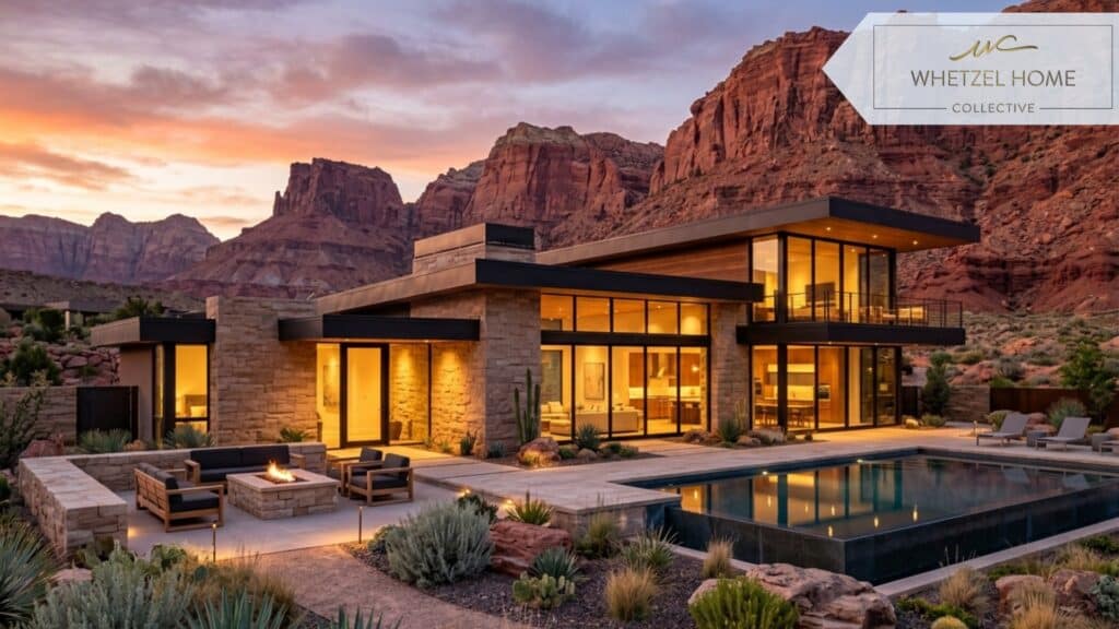 A stunning exterior shot of a luxury modern desert home in southern Utah at sunset. Red rock landscape in the background, warm ambient lighting from the home's large windows, beautifully landscaped yard, architectural photography style, 8k resolution.