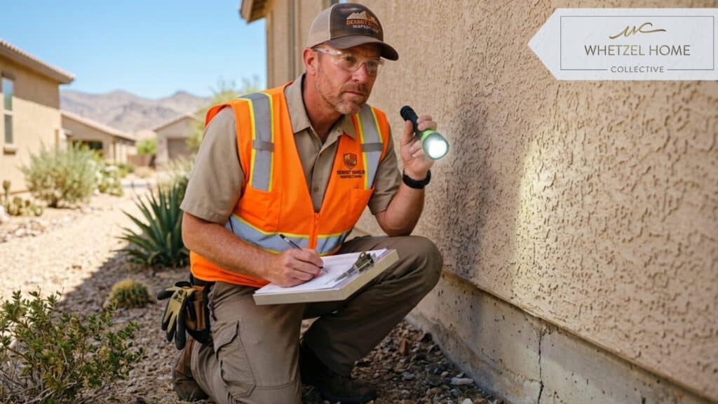 A professional home inspector wearing a high-visibility vest and holding a flashlight and clipboard, examining the exterior foundation of a stucco home, sunny desert environment, photorealistic, shallow depth of field focusing on the inspector's concentrated expression.