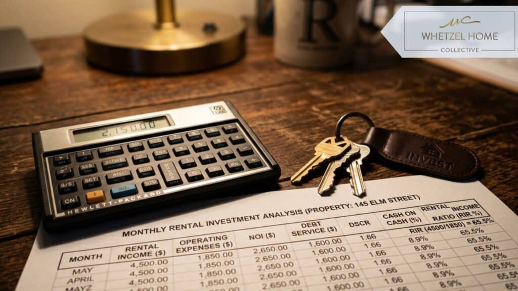Close-up macro shot of a wooden desk featuring a modern financial calculator, a set of shiny house keys, and a printed spreadsheet clearly showing rental income ratios and financial data, soft warm desk lighting, sharp details, real estate investment concept.
