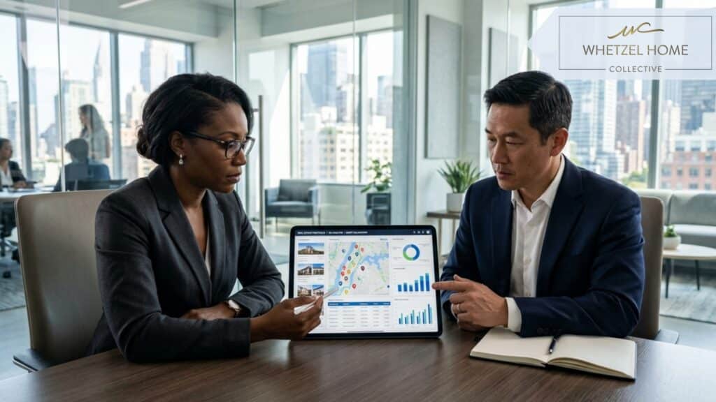 Two diverse professional investors sitting across a minimalist conference table analyzing digital real estate portfolios on a glowing tablet, serious and focused expressions, brightly lit modern office setting with glass walls, photorealistic, sharp details, corporate aesthetic.