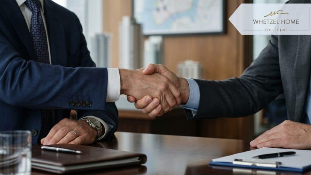 A close-up shot of a firm handshake between a real estate investor and a financial lender across a sleek conference table. Subtle background showing architectural models or property maps out of focus, professional attire, crisp cinematic lighting, high-end commercial photography style.