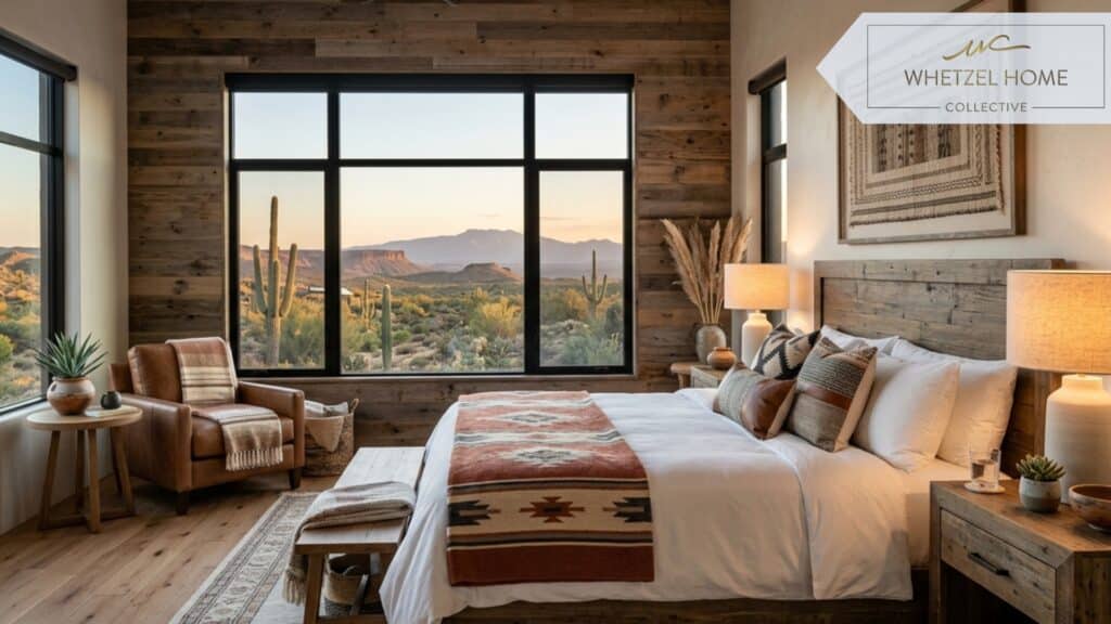 A beautifully staged master bedroom in a high-end vacation rental property. The room features a plush king-sized bed with crisp white linens, rustic wooden nightstands, modern warm lighting, and a large window showcasing a desert landscape view. The decor is upscale southwestern modern. Photorealistic, inviting, clean composition, architectural interior photography.