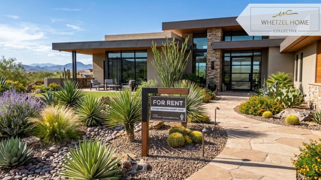A beautifully landscaped front yard of a modern desert home with a generic elegant 'For Rent' sign, clear blue sky, vibrant green drought-resistant plants, welcoming and lucrative atmosphere, photorealistic architectural photography