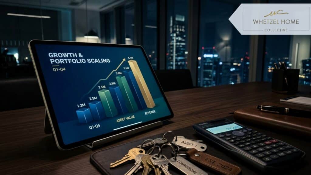 A sleek minimalist desk featuring a glowing digital tablet displaying ascending 3D bar charts next to multiple sets of metal house keys and a calculator, representing financial growth and real estate scaling, dark cinematic lighting, high end corporate aesthetic.