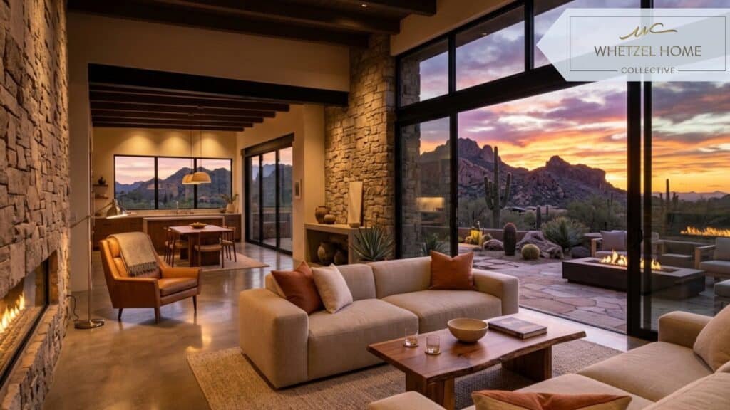 A photorealistic view of a beautiful, modern desert-style home interior looking out through large floor-to-ceiling windows at a vibrant sunset over rocky terrain, luxurious minimalist furniture, warm ambient indoor lighting contrasting with the twilight sky.