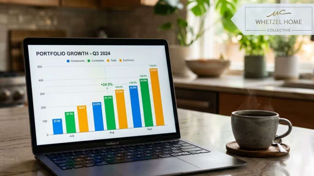 A close-up of a sleek laptop screen displaying a colorful, upward-trending financial bar chart, situated alongside a ceramic cup of black coffee on a polished modern kitchen counter, soft natural morning light filtering through a window, shallow depth of field.
