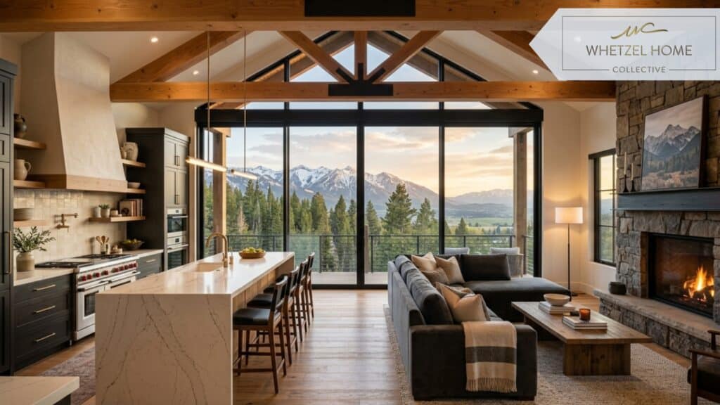 A stunning, fully completed mountain-modern home interior in Utah. The luxurious space features a gourmet kitchen with waterfall quartz countertops, vaulted ceilings with exposed natural timber beams, and massive floor-to-ceiling windows looking out over a mountain landscape. Warm ambient lighting, magazine-quality interior design photography, photorealistic, inviting mood.