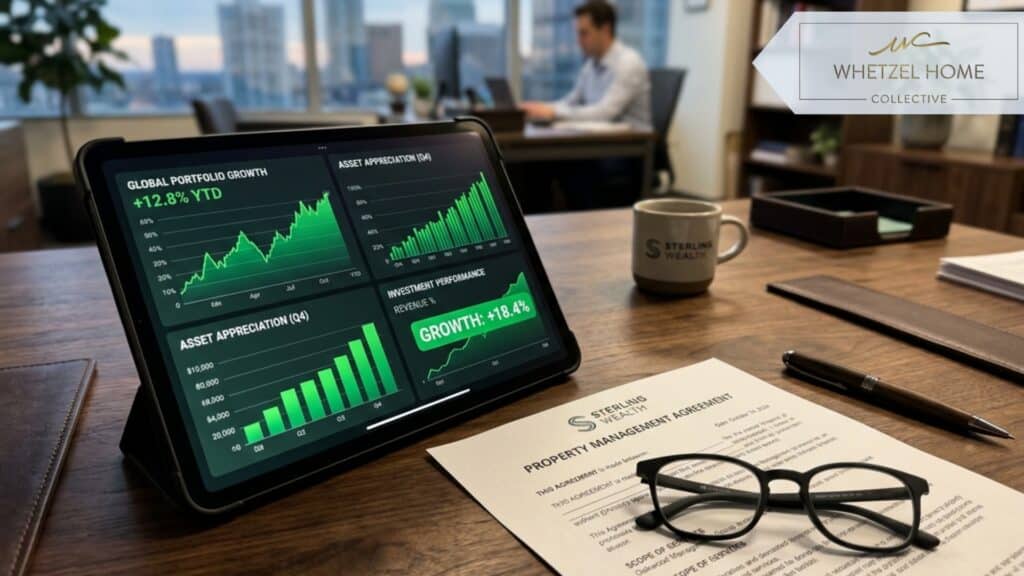 A close-up photorealistic shot of an upscale wooden desk. On the desk rests a sleek digital tablet displaying financial growth charts in green, alongside a printed property management contract and a pair of modern reading glasses. Soft ambient office lighting, shallow depth of field focusing on the financial data.