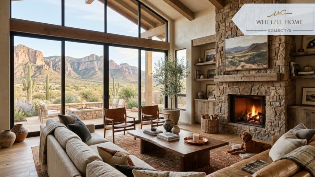 A photorealistic interior shot of a luxury desert vacation home living room, featuring modern rustic decor, large windows showing a mountain view, warm earthy color palette, cozy atmosphere, high-end architectural digest style.
