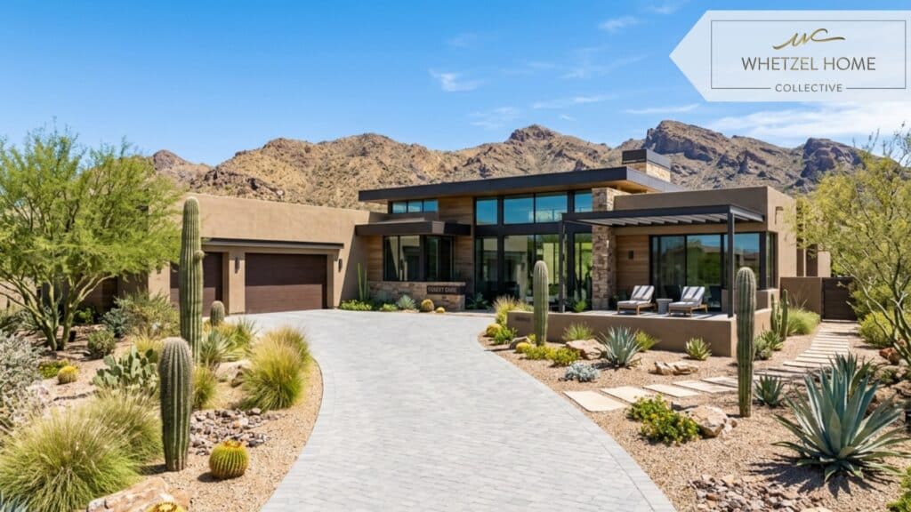 A pristine exterior shot of a contemporary vacation property in a desert climate, featuring native drought-resistant landscaping, a clean paved driveway with no cars, bright sunny day with clear blue skies, photorealistic, magazine editorial style.
