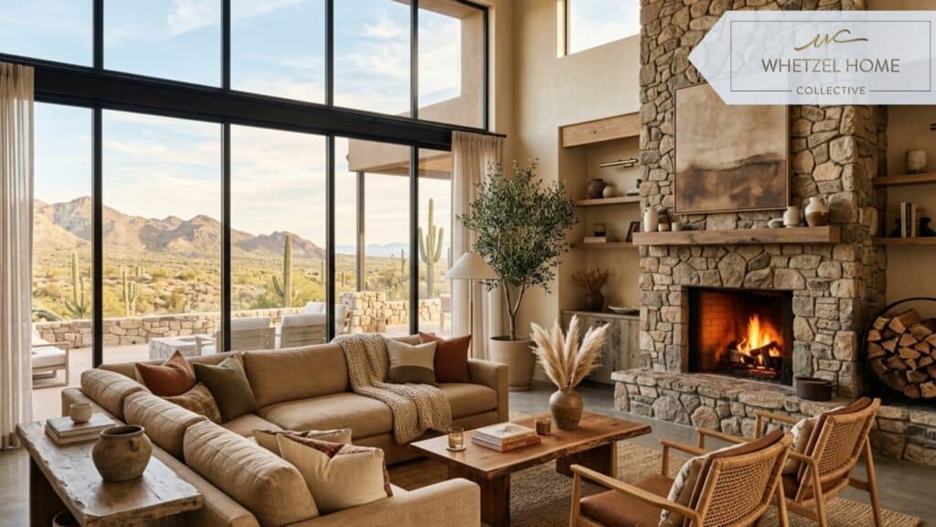 A photorealistic interior shot of a luxurious vacation rental living room, large panoramic windows showing desert landscapes, modern minimalist furniture with warm earthy tones, a cozy stone fireplace, bright natural lighting, highly detailed interior design photography.