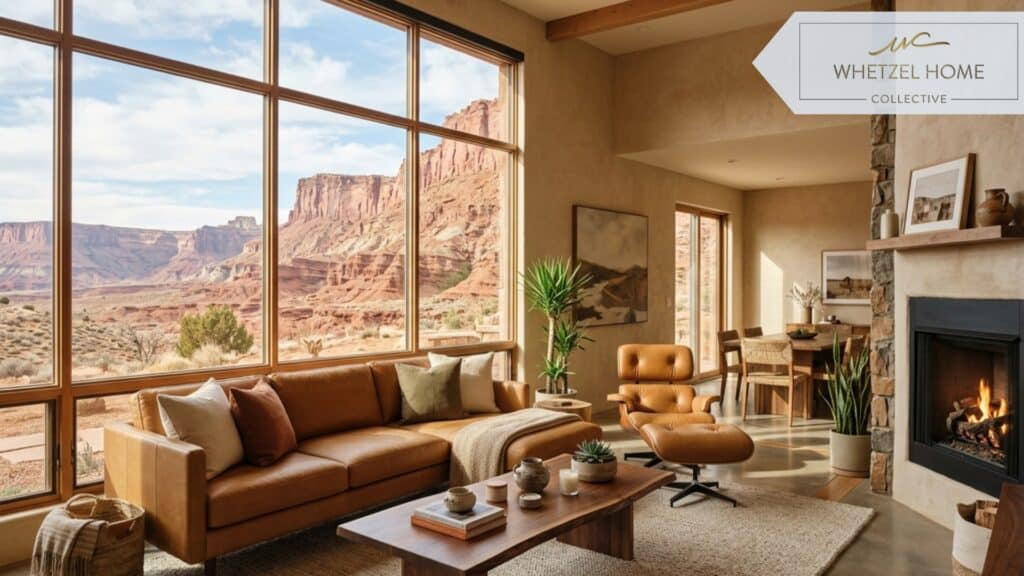 A warm and inviting living room interior of a luxury vacation home, large picture windows overlooking red desert cliffs, minimalist leather furniture, cozy fireplace, neutral desert color palette, natural sunlight streaming in, interior design photography, photorealistic