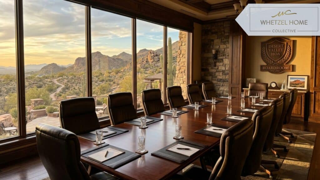 An empty, pristine community clubhouse boardroom with a long mahogany table and leather chairs, dramatic lighting, large windows showing a desert landscape, conveying a sense of authoritative HOA governance, photorealistic, 8k.