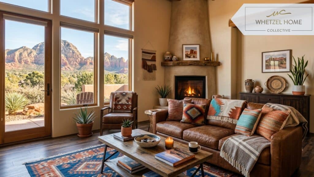 An interior shot of a beautifully decorated, cozy living room in a modern vacation rental. Southwest modern decor, leather sofa, patterned rug, large windows letting in natural light, inviting and warm atmosphere, professional interior design photography.
