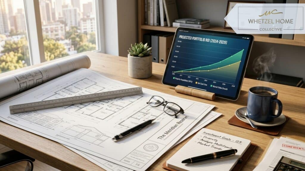 A sophisticated real estate investment planning setup on a modern wooden desk, architectural blueprints spread out, a sleek tablet showing rising financial graphs, warm coffee cup, bright morning light casting soft shadows, professional and organized atmosphere, photorealistic.