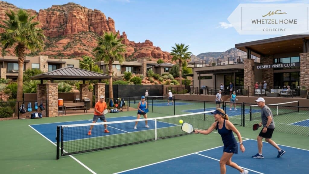 A lively community pickleball court in a high-end desert neighborhood surrounded by striking red rocks and palm trees, clear blue sky, photorealistic, dynamic low angle showing modern luxury amenities and active lifestyle.