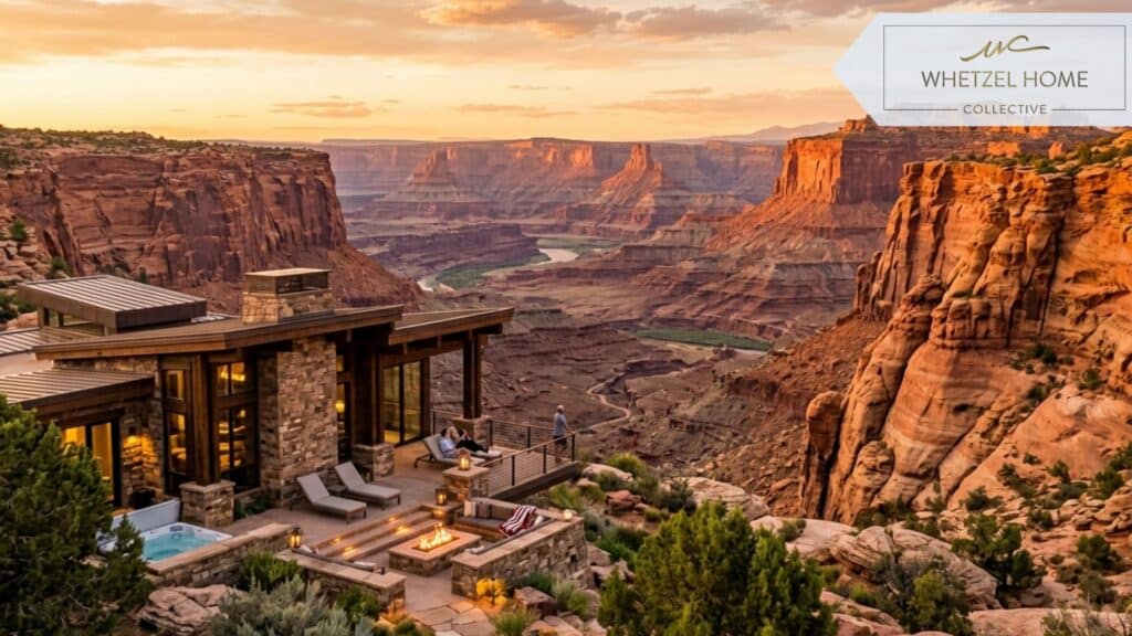 A sweeping scenic view of towering red rock canyons in Utah during golden hour, with a cozy, upscale vacation home seamlessly nestled into the foreground landscape, stunning nature photography, vibrant warm tones, hyper-detailed.