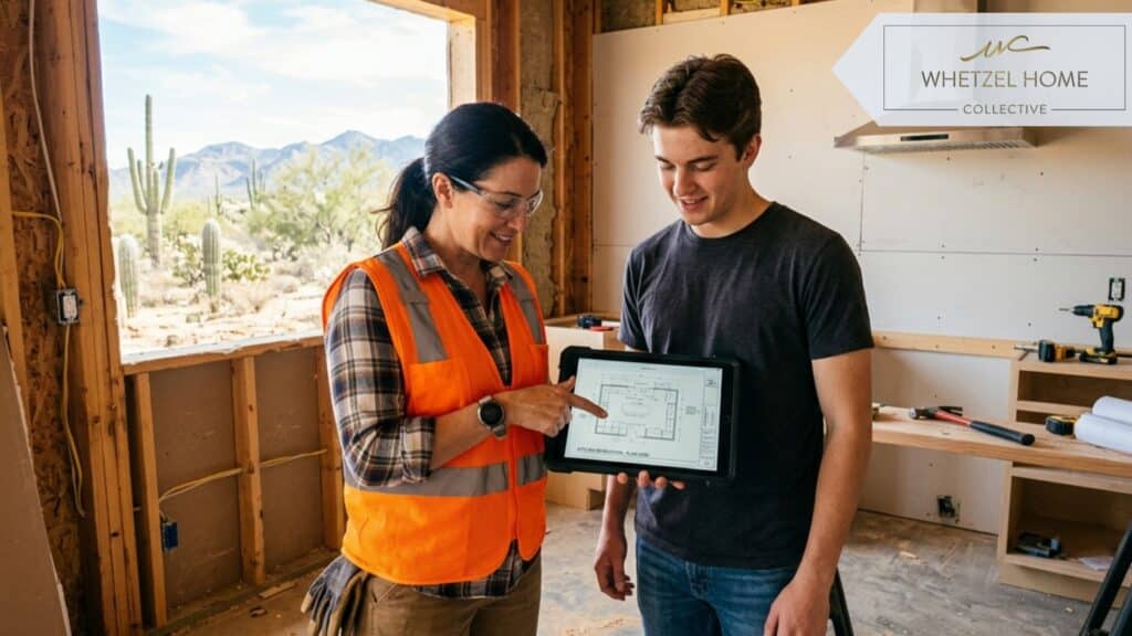 A candid, photorealistic image of a professional contractor in a high-vis vest and a young homeowner standing inside an unfinished kitchen with exposed wooden studs and drywall work in progress. They are looking thoughtfully at a digital tablet. Warm natural light streaming through a large unfinished window opening, showing a desert landscape outside. Highly detailed, optimistic mood.