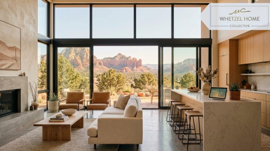 A beautifully designed open-concept living room in a desert vacation rental, massive floor-to-ceiling windows framing red rock mountains, modern minimalist furniture, smart home tablet on the kitchen counter, warm natural light, interior design photography, photorealistic.