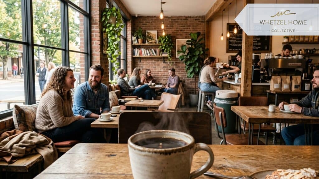 A warm, inviting interior shot of a rustic-modern independent coffee shop. Wooden tables, comfortable seating, large windows letting in natural sunlight. Patrons casually chatting and drinking coffee. Earth tones, highly detailed, photorealistic, depth of field focusing on a steaming cup of coffee in the foreground.