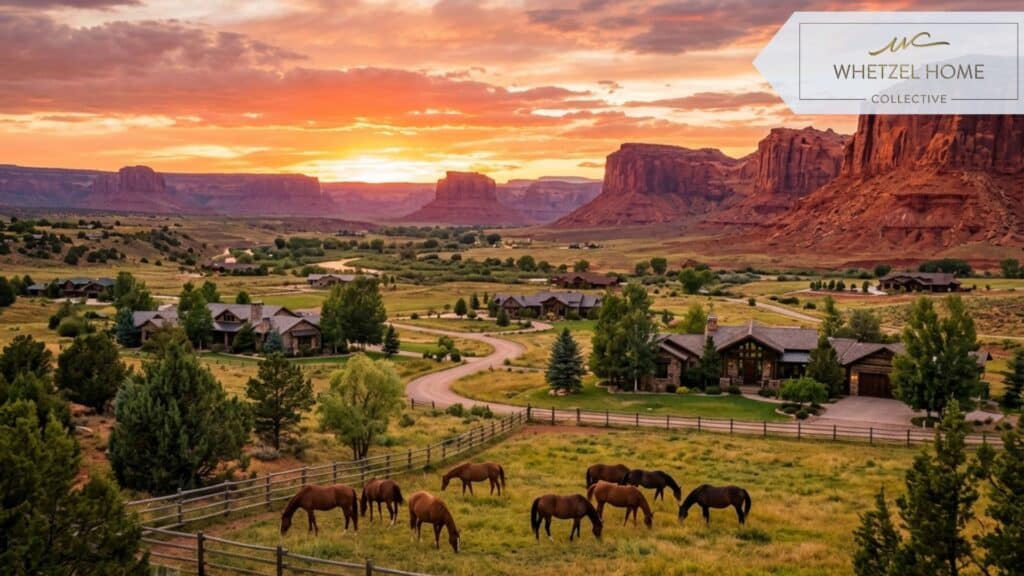 A panoramic view of a wide-open valley with scattered luxury residential estates, horses grazing in a fenced pasture in the foreground, and towering sandstone monoliths glowing deep red in the background during a vibrant sunset. Rich warm tones, cinematic landscape photography, ultra-detailed.