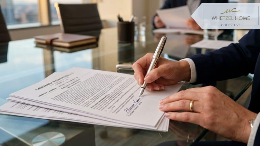 A close-up shot of a person's hands holding a luxury silver fountain pen, confidently signing a stack of real estate contract documents on a modern glass conference table, warm ambient lighting, highly detailed, professional business setting, depth of field
