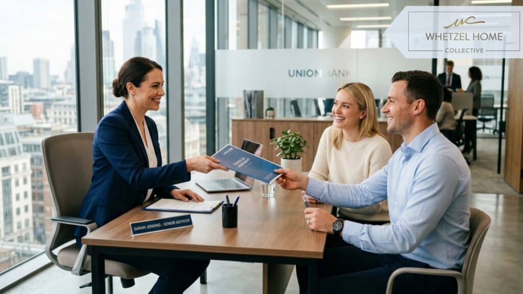 A professional interaction inside a bright, modern bank office. A smartly dressed financial advisor handing a document folder to a smiling couple. Natural light streaming through large windows, modern minimalist decor, realistic corporate photography, conveying trust and agreement.