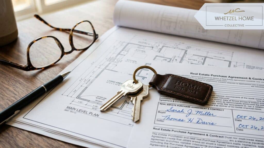 A photorealistic close-up of shiny house keys attached to a leather keychain resting on top of unrolled architectural blueprints and a signed real estate contract. A pair of stylish reading glasses sits nearby. Beautiful morning light casting soft shadows, crisp focus, rich textures, evocative of a successful home closing.