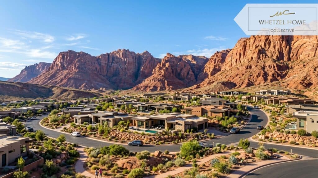 A sweeping panoramic view of a beautiful contemporary neighborhood in Southern Utah with dramatic red rock mountains in the background, clear blue sky, modern residential home designs with desert landscaping, high-end architectural photography, photorealistic, vibrant natural colors.