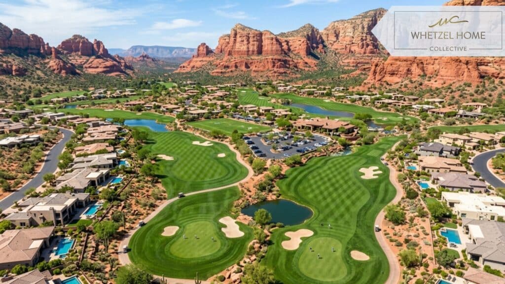 An aerial drone shot of a premium, exclusive golf course community nestled in a desert valley surrounded by vibrant red sandstone mountains. Bright sunny day, deep green fairways contrasting with desert landscaping and large luxury estates, photorealistic, vivid colors, crisp focus.
