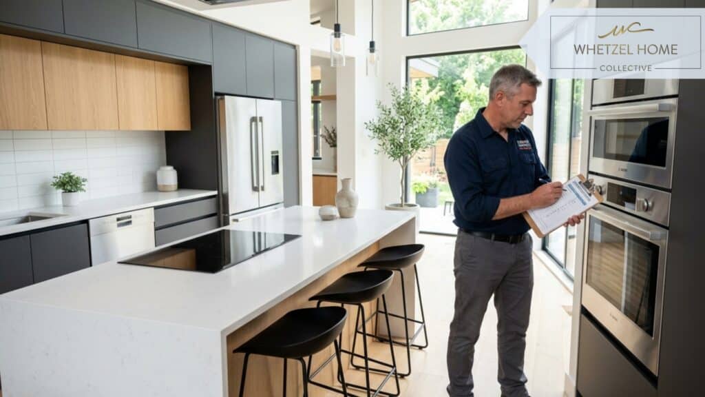 A detailed interior shot of a modern kitchen being inspected, an inspector holding a clipboard examining newly installed appliances, bright natural light streaming through large windows, clean minimalist design, photorealistic, high resolution.