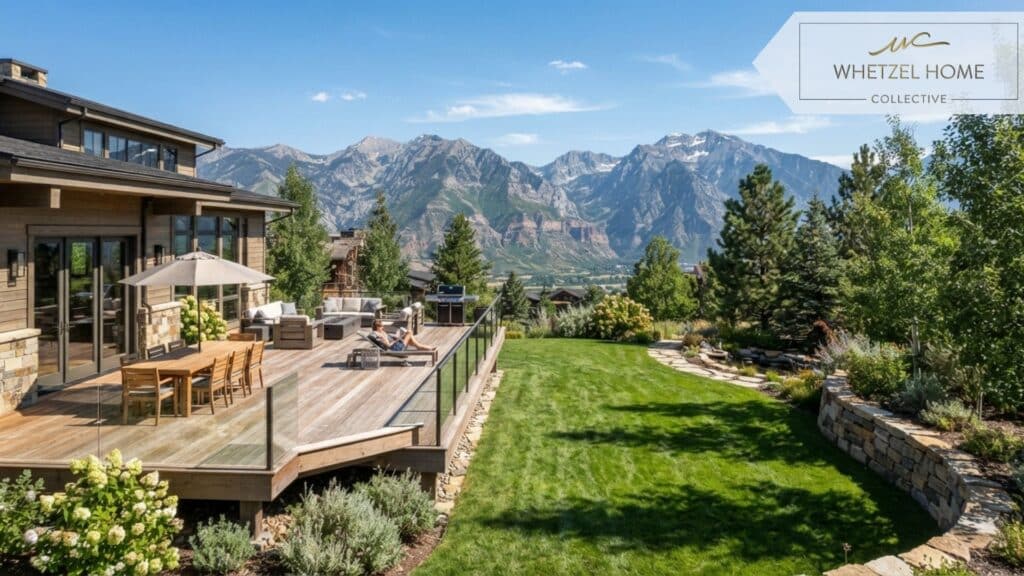 A photorealistic view from a spacious backyard in a Utah mountain community, showing lush green grass, a large wooden deck, and a panoramic view of distant mountains. Bright summer day, crisp shadows, architectural photography style, 8k resolution.