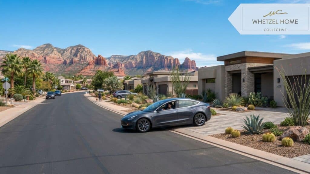 A modern suburban street in a sunny desert town, a sleek car pulling out of a paved driveway, beautifully landscaped yards with drought-resistant plants, red rock mountains in the distance, clear blue sky, photorealistic, bright daylight.