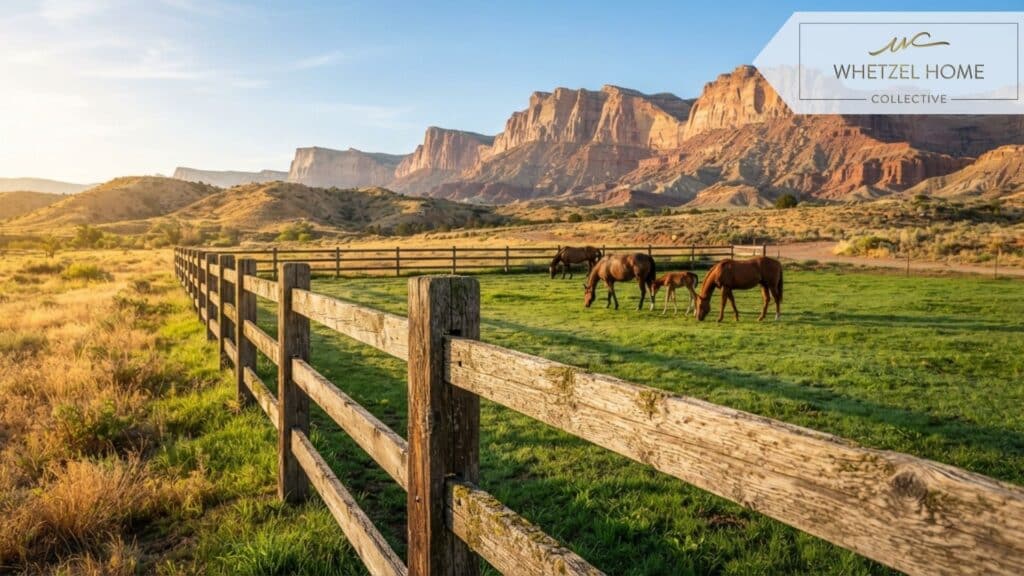 A close-up of a well-maintained wooden horse fence running alongside a lush green pasture in an arid landscape, with grazing horses in the midground and towering sandstone cliffs in the distance, warm morning sunlight, photorealistic style, high detail.